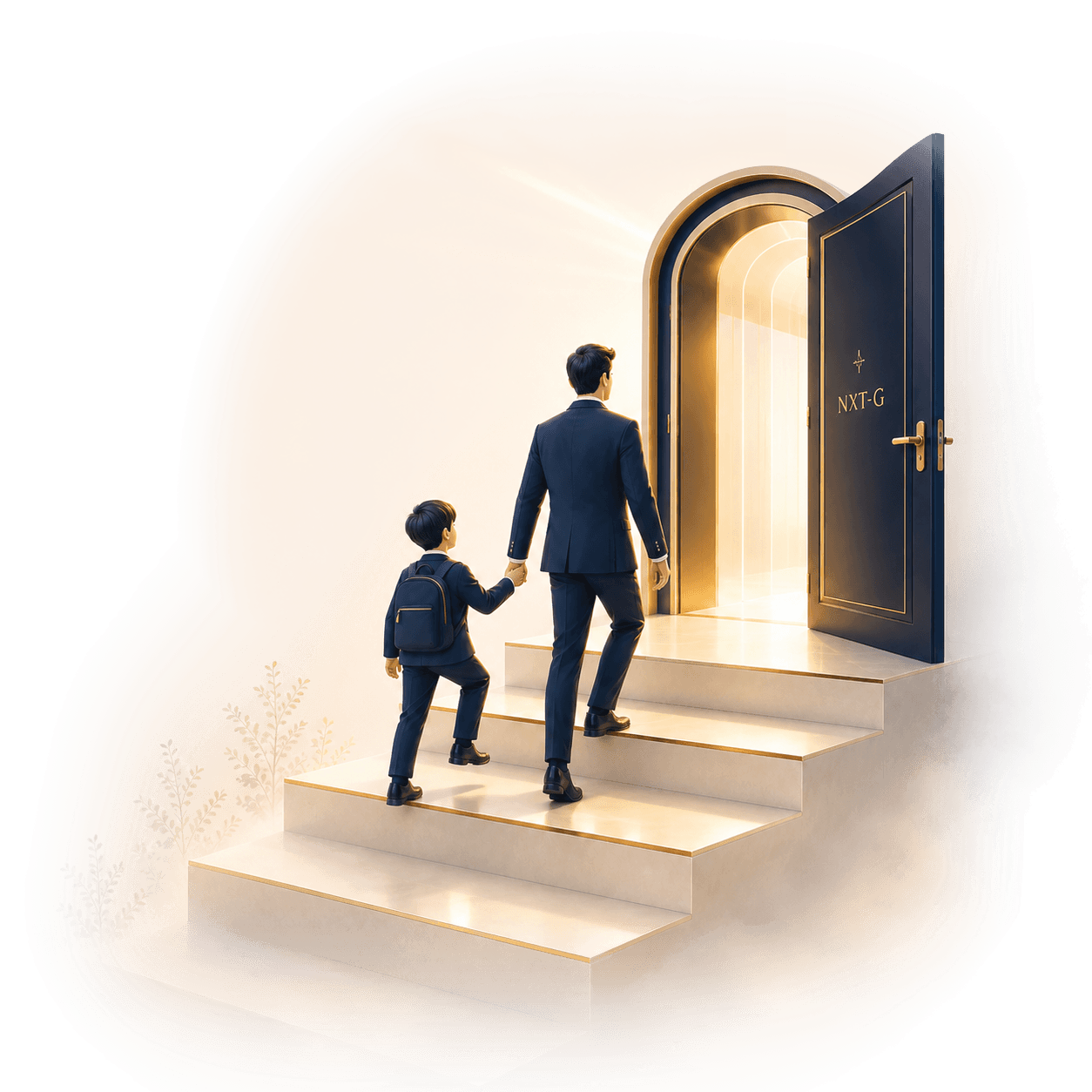 A father and son walking toward a glowing NXT-G doorway